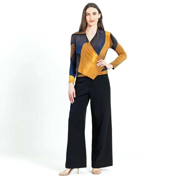 NWT Clara Sunwoo Long Sleeve Crossover Faux Wrap Top Tan Watercolor Gold XL (16) - Picture 2 of 13